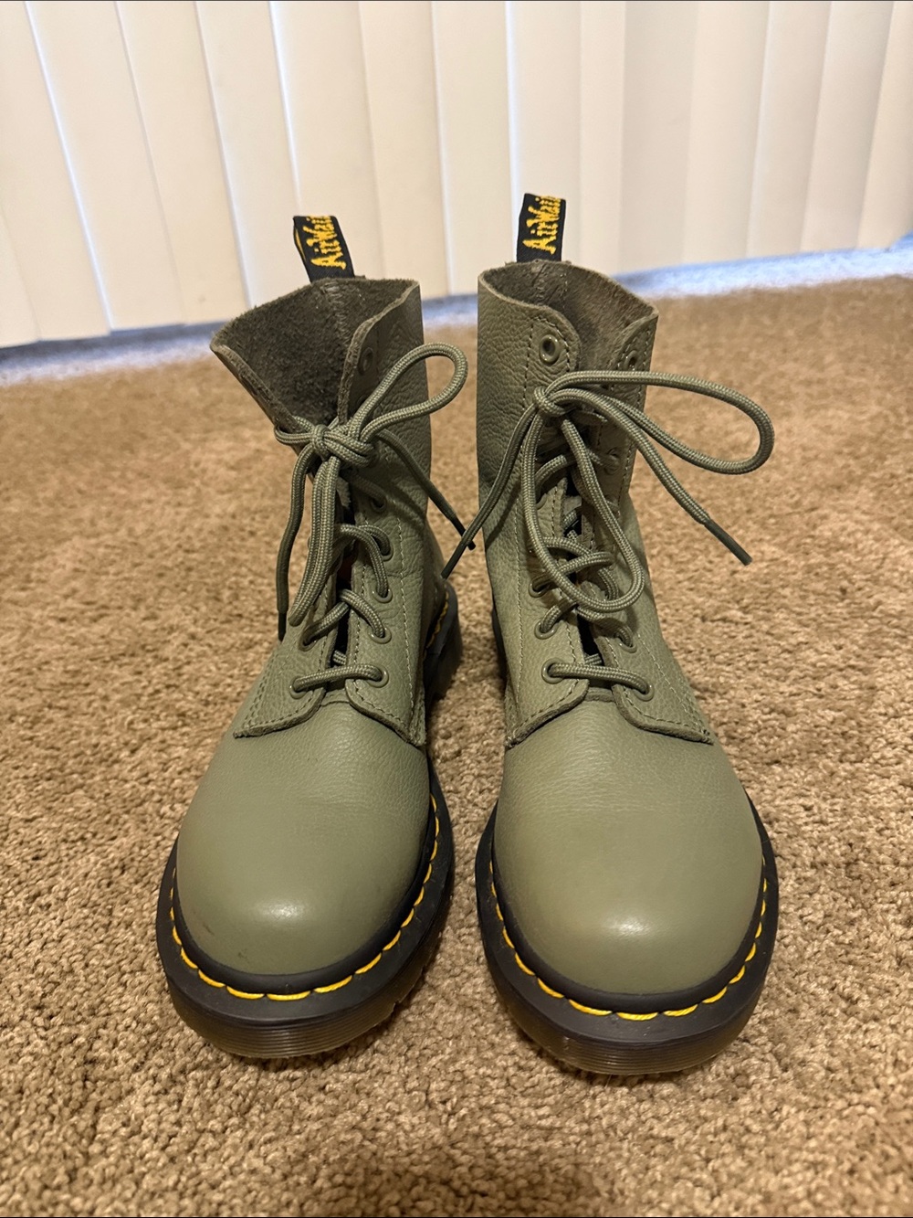 Dr. Martens Women's Olive Lace-Up Leather Boots with Yellow Stitching